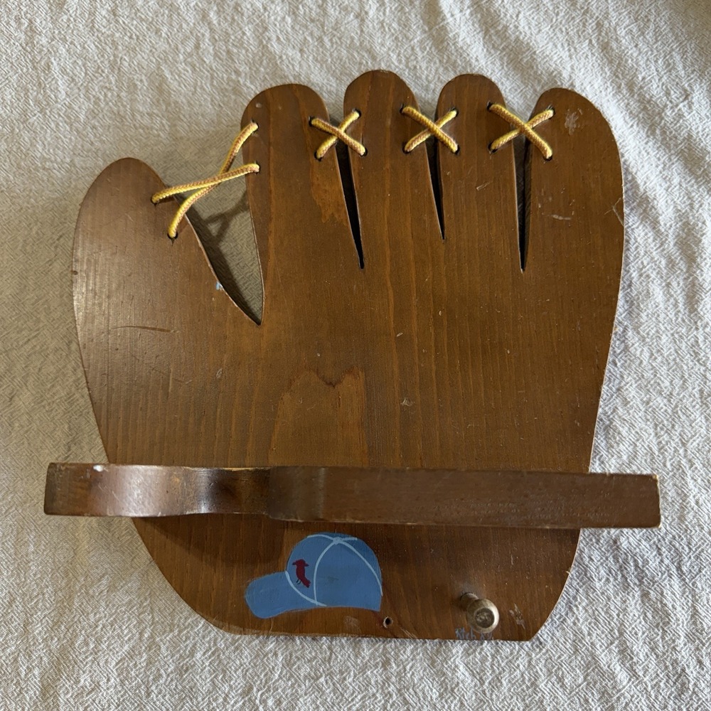 Vintage 1989 Wooden Baseball Glove Wall Shelf & Bat Holder